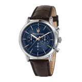 Reloj cronógrafo Maserati Epoca con caja de acero inoxidable plateada, esfera azul con detalles en tono oro rosa y correa de cuero marrón con textura de cocodrilo.