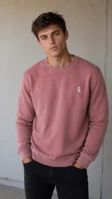 Buzo de cuello redondo en color rosado con efecto gastado, confeccionado en tejido de algodón. Presenta un pequeño bordado blanco en el pecho y puños acanalados.