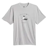 Remera gris de Adidas con estampado de un personaje haciendo skate y texto "International Sports".