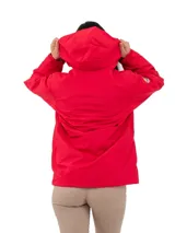 Campera gris impermeable con capucha, forro polar, cierre reforzado y bolsillos con cierre.