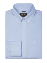 Camisa de manga larga RKF con estampado de microcuadros en tonos azul y blanco. Presenta cuello button-down, cierre frontal con botones, bolsillo en el pecho con logo bordado y puños con botones.