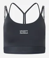 Top deportivo color gris oscuro con copas, breteles finos con lettering y estampado frontal "Sporty".