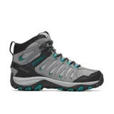 Botas de trekking Merrell modelo Crosslander 3 Mid WP para mujer, de color gris con detalles en negro y turquesa. Confeccionadas en gamuza y malla transpirable, cuentan con membrana impermeable, suela de goma con gran tracción y refuerzos protectores.