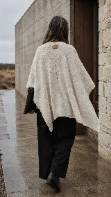 Ruana de algodón color beige, de textura suave y caída envolvente, con detalle de bordado en la espalda y aplique de cuero en el cuello.