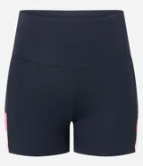 Bermuda deportiva negra con detalles en rosa y blanco en los laterales, confeccionada en poliamida y elastano, de cintura alta y calce ajustado.