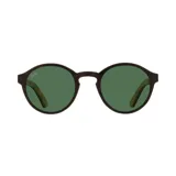 Lentes de sol Indie Hill con montura redonda de madera color marrón oscuro y lentes verdes. Patillas de madera clara.