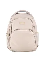 Mochila Terrano de diseño moderno y funcional, color beige, con compartimento principal amplio, bolsillo frontal con cierre, bolsillos laterales de red y correas acolchadas ajustables.