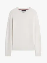 Sweater de punto liso en color blanco marfil, con cuello redondo, mangas largas y puños y dobladillo acanalados.