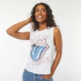 Camiseta sin mangas blanca con estampado del logo de la banda The Rolling Stones.