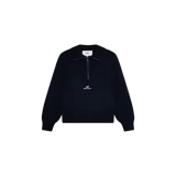 Sweater de punto acanalado color azul marino, con cuello polo y cierre frontal parcial, de manga larga y diseño holgado, con logo bordado en el pecho.