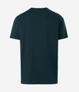 Remera de algodón color verde oscuro con cuello redondo y manga corta. Presenta una estampa frontal pequeña y centrada con ilustraciones de vasos y botellas de cerveza junto a la frase 'Out of office'.