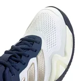 Championes Adidas Barricade 14 de color blanco con detalles en azul marino y las tres franjas laterales en tono dorado. Cuenta con tecnología Lightstrike Pro en la suela y una estructura de malla transpirable para mayor soporte y comodidad.