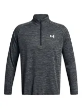 Buzo deportivo de entrenamiento Under Armour con cierre frontal parcial, cuello alto, mangas largas y diseño texturizado en tono gris oscuro. Cuenta con el logo de la marca estampado en el pecho.