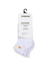 Medias cortas de tejido Caterpillar color blanco, con suela acolchada, arco y empeine acanalados, y detalle de un triángulo naranja bordado en el tobillo.