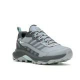 Championes de senderismo Merrell modelo Speed Strike 2 Waterproof, color gris con detalles en verde agua. Presentan una construcción robusta con malla y cuero sintético, membrana impermeable, puntera reforzada y suela de goma con tracción de alta resistencia.