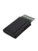 Billetera tarjetero color negro de alta resistencia, con sistema de acceso rápido emergente para tarjetas y bloqueo RFID y NFC.