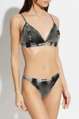 Sujetador bralette Diesel modelo Scilla-Dnm sin aros, con copas triangulares, tirantes finos y efecto denim desteñido. Presenta una banda elástica inferior con el logo de la marca.
