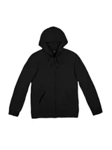 Campera deportiva unisex color beige, confeccionada en algodón con felpa, con capucha, cierre frontal y bolsillo tipo canguro.