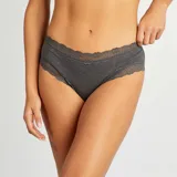 Pack de tres culottes de canalé fino con terminaciones de encaje, en colores negro, blanco y gris.