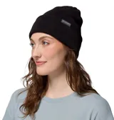 Gorro tipo beanie unisex de tejido de punto acanalado, color negro, con borde doblado y etiqueta con el logo de la marca Columbia en el frente.