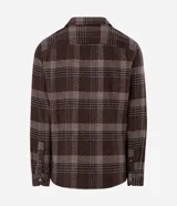 Camisa de manga larga confeccionada en franela de algodón, con cuello bowling y cierre frontal de botones. Presenta un diseño de estampado a cuadros en tonos marrones y beige, con un corte regular tradicional.