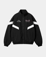 Campera deportiva negra con cuello alto, cierre frontal completo y franjas blancas en las mangas. Presenta estampados en color rosado en el pecho, incluyendo la inscripción "Only F.A.N.S." y gráficos de palmeras con estrellas.
