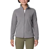 Campera de polar Columbia modelo Fast Trek II, color gris, con cierre frontal completo, cuello alto, bolsillos laterales con cierre y un bolsillo adicional con cierre en la manga izquierda. Cuenta con logo bordado en el pecho.