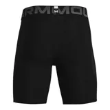 Calza deportiva corta Under Armour modelo HeatGear Compression, color negro con cintura elástica ancha gris y logo de la marca estampado en blanco en la pierna derecha.