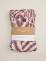 Boxer de algodón a rayas verticales color borgoña y blanco, con cintura elástica y logo bordado.