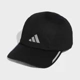 Gorra de running Adidas de 4 paneles, color negro, confeccionada en malla ligera con tecnología Climacool para absorción del sudor. Presenta un logotipo reflectante en el frente y detalles reflectantes en la visera curva.
