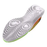 Championes de running Under Armour modelo Flow Velociti Wind, con tecnología de amortiguación Flow de una sola pieza y parte superior Warp para mayor sujeción y transpirabilidad. Diseño en colores verde neón y naranja con logo de la marca en negro.