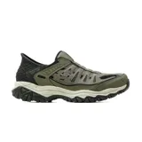 Championes deportivos Skechers modelo After Burn Memory Fit Ridgeburn, diseñados para actividades al aire libre y trekking. Presentan un diseño sin cordones con tecnología Slip-ins para un calce fácil, parte superior de malla y cuero sintético en tonos verde oliva y negro, y suela robusta con tracción. Incluyen plantilla Air-Cooled Memory Foam y tecnología Heel Pillow para mayor sujeción.