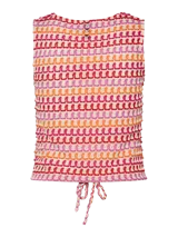 Top sin mangas de crochet con cuello en V y cierre frontal mediante cordones ajustables. Presenta un diseño de tejido calado con patrón geométrico en tonos rosa, naranja y rojo.