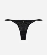 Bombacha colaless de encaje floral negro, con diseño de elásticos laterales dobles y forro de algodón.