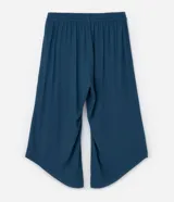 Pantalón pantacourt azul petróleo, de viscosa, con cintura elástica y lazo decorativo con borlas.