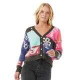 Cárdigan de punto con diseño geométrico multicolor, escote en V y cierre frontal con botones.