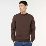 Buzo liso marrón de cuello redondo, con detalles de costura en V en el cuello y puños y dobladillo acanalados.