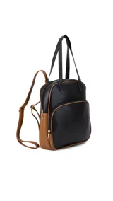 Mochila color bordó con doble asa superior, correas traseras regulables y bolsillo frontal con cierre. Se puede usar como mochila o como cartera.