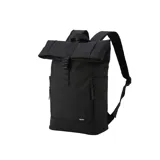 Mochila urbana Terrano modelo Palermo, confeccionada en neopreno negro. Presenta un diseño de tapa enrollable con cierre de hebilla, compartimento principal con cremallera, bolsillos frontales con cierres impermeables y espacios laterales para botellas.