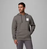 Buzo con capucha Columbia, color gris jaspeado, con bolsillo tipo canguro frontal y parche cuadrado con logo de la marca en el pecho.