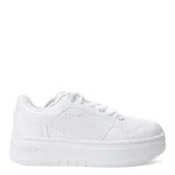 Championes Puma modelo Rebound Femme Low, con diseño de plataforma, cuerpo en color blanco con detalles en negro y gris claro. Presentan cierre con cordones y suela de goma robusta.