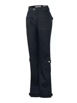 Pantalón de jean RKF modelo Noa, estilo cargo, color azul oscuro, de tiro alto y corte recto. Confeccionado en algodón orgánico con tecnología Natural Flex.