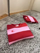 Buzo oversize a rayas horizontales rosas y rojas con cuello redondo y logo bordado en el pecho.