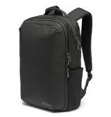 Mochila Columbia de diseño cuadrado y minimalista en color negro. Cuenta con compartimento principal con cierre, funda externa acolchada para laptop de hasta 13 pulgadas, bolsillos laterales y correas ajustables acolchadas. Fabricada con tecnología Omni-Shield que repele la humedad y manchas.