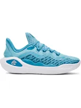 Championes de básquetbol Under Armour Curry 11, modelo Mouthguard, en color celeste con detalles en blanco. Presentan tejido UA IntelliKnit transpirable, contrafuerte externo de TPU en el talón y amortiguación UA Flow de doble densidad para mayor rebote y agarre en la cancha.