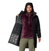 Campera larga tipo parka de Columbia, modelo Delta Ridge II, en color negro. Presenta un diseño acolchado con tecnología HeatSeal sin costuras, cierre frontal de doble sentido, capucha integrada y bolsillos laterales con cremallera. Cuenta con tecnología Omni-Heat termorreflectante y aislamiento de plumón.