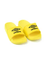 Ojotas amarillas tipo slide con logo Umbro en negro.