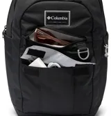 Mochila Columbia modelo Buxton de 26 litros, color negro, con múltiples compartimentos, funda para portátil y detalles funcionales.
