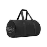 Bolso tipo duffle negro con logo de la marca estampado en gris. Tiene doble asa de mano y correa de hombro ajustable.