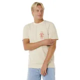 Remera de manga corta color beige con cuello redondo y estampado gráfico pequeño en el pecho con el logo de la marca.